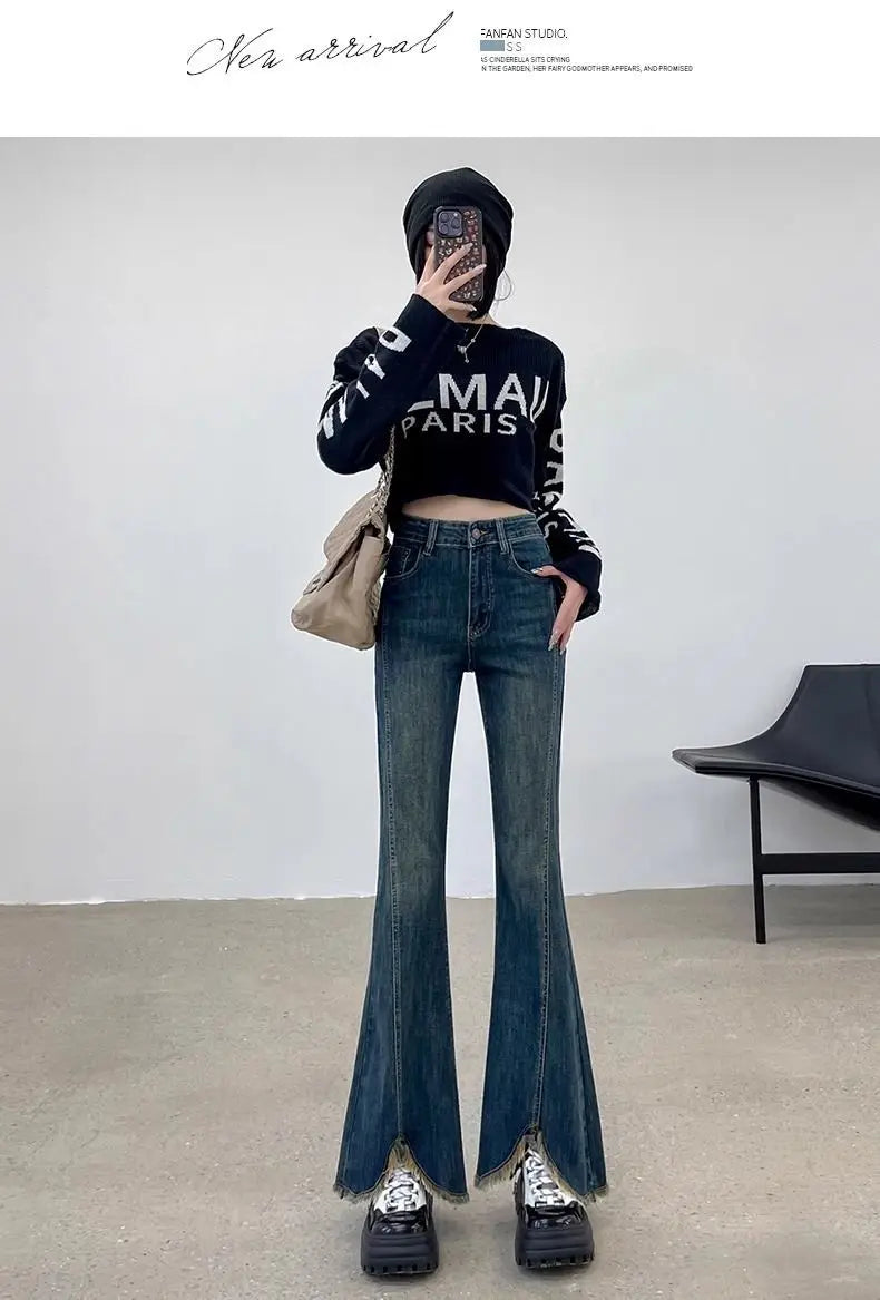 Plus-size slit elastic flared jeans for women, autumn high-waisted slimming straight wide-leg floor-length pants for plus-size