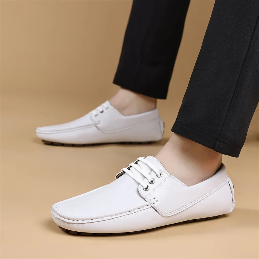 Men's Trendy Round Toe Loafer Shoes, Slip on Comfy Non Slip for Outdoor Walking Traveling Men's Soft PU Leather Lace-Up Casual