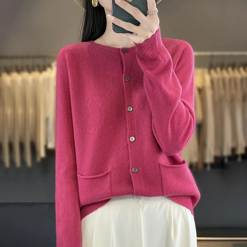 Women's Round Neck Knitted Solid Color Double Pocket Sweater For Autumn And Winter Warm And Loose Knit Cardigan Soft Wool Top ZD