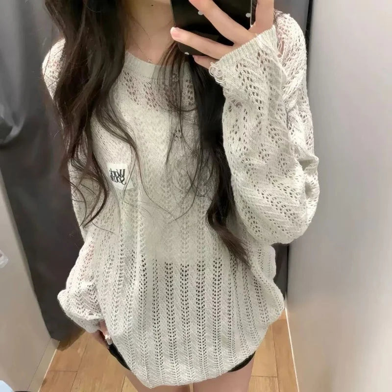 Korean Hollow Out Woman Tshirts Long Sleeve O-neck Knitted T-shirt For Women Casual Fashion Summer sun protection clothing