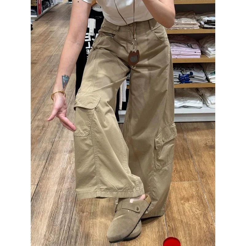 American Style plus Size Military Green Denim Pants Women's Spring Loose Slim Wide Leg Casual Trousers Multiple Pockets