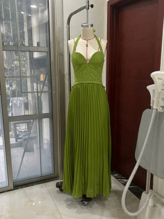 Green Corset Halter Long Dress Women Backless Off Shoulder Pleated Patchwork Slim Maxi Dress 2026 Summer Lady Party Evening Gown