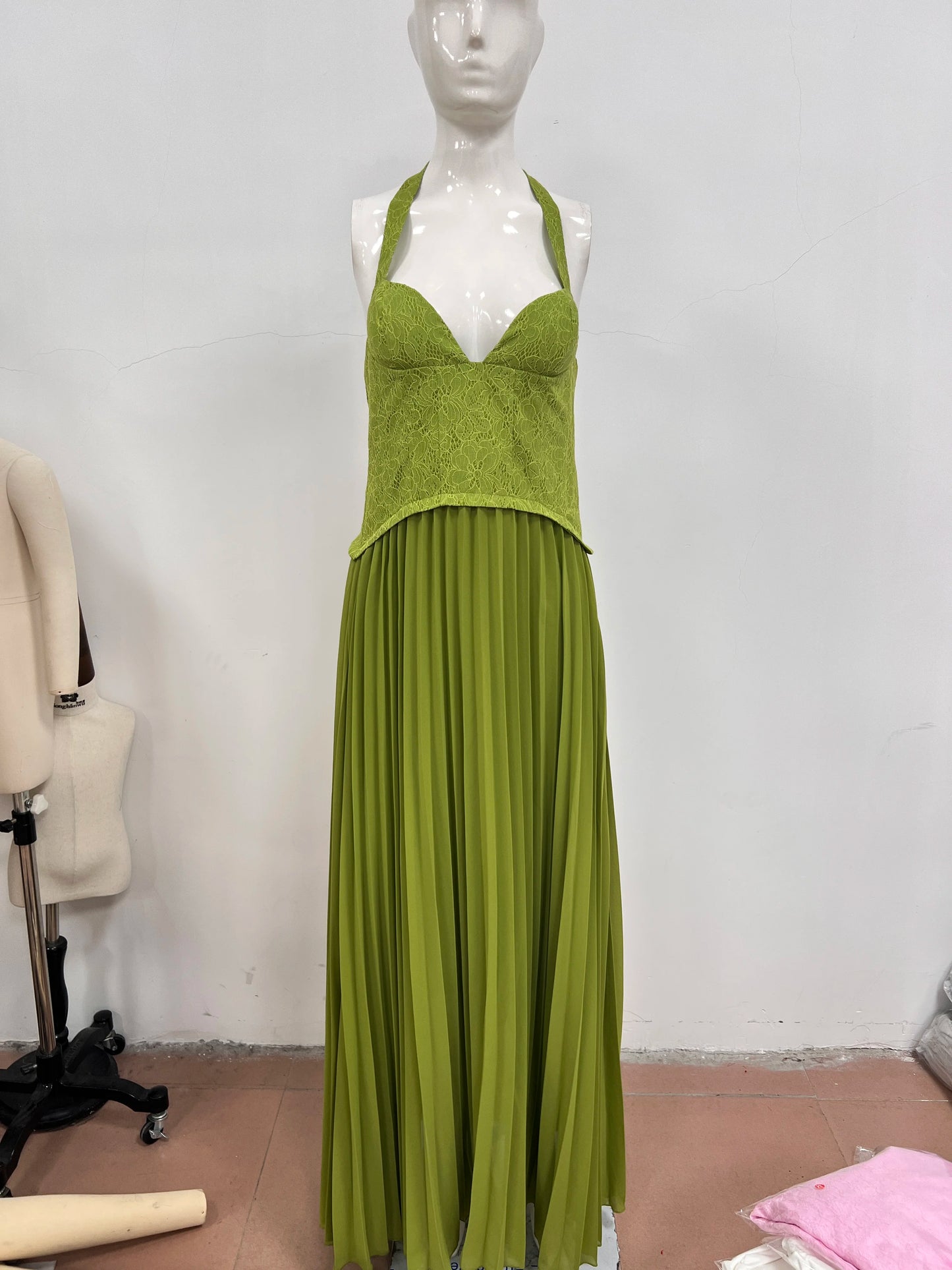 Green Corset Halter Long Dress Women Backless Off Shoulder Pleated Patchwork Slim Maxi Dress 2026 Summer Lady Party Evening Gown