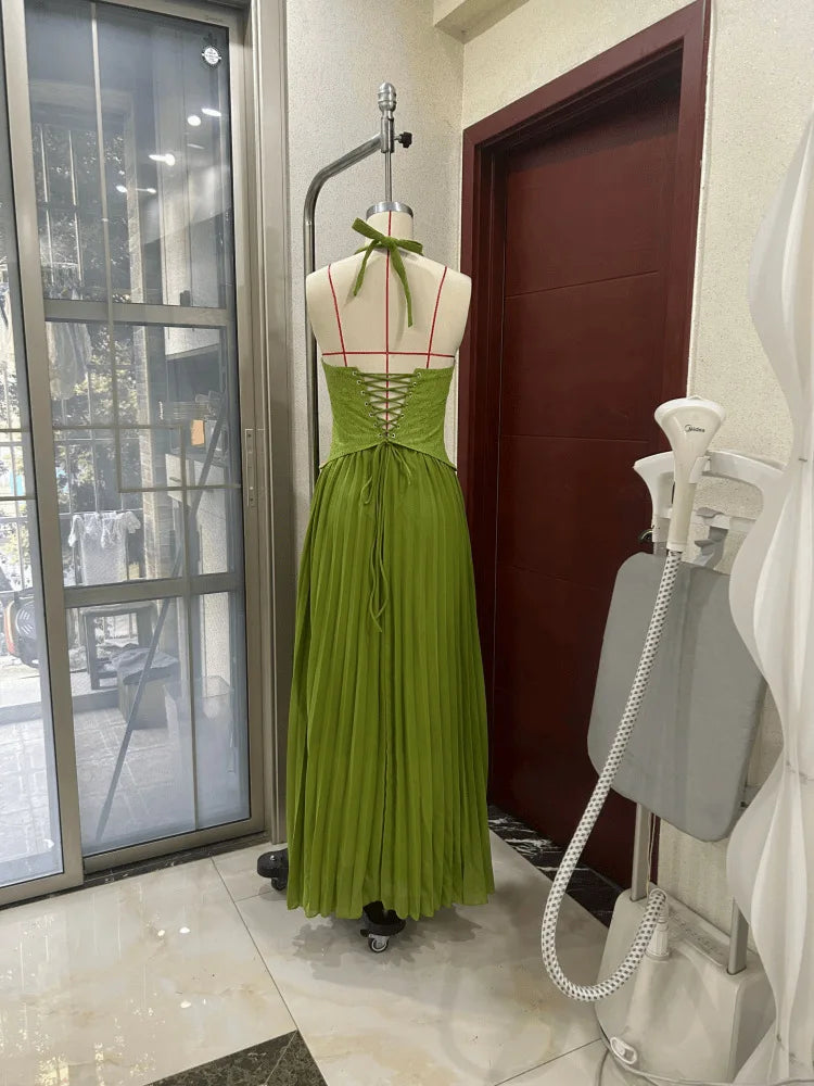 Green Corset Halter Long Dress Women Backless Off Shoulder Pleated Patchwork Slim Maxi Dress 2026 Summer Lady Party Evening Gown