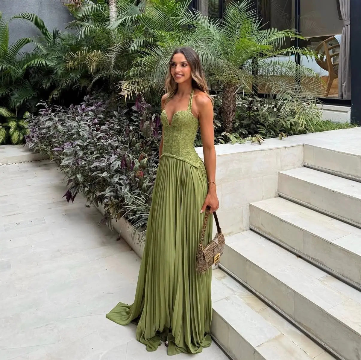 Green Corset Halter Long Dress Women Backless Off Shoulder Pleated Patchwork Slim Maxi Dress 2026 Summer Lady Party Evening Gown