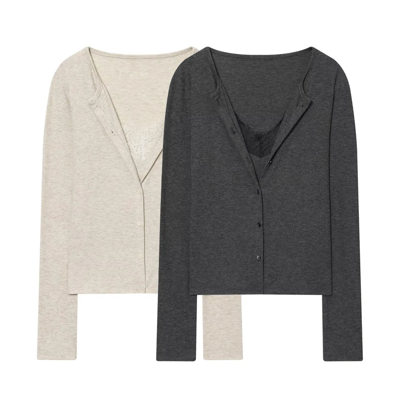 MUJER Lace Cropped Cardigan Women Button up Knit Tops Woman Vintage Knitwears Long Sleeve Knitted Cardigans Sweaters for Women