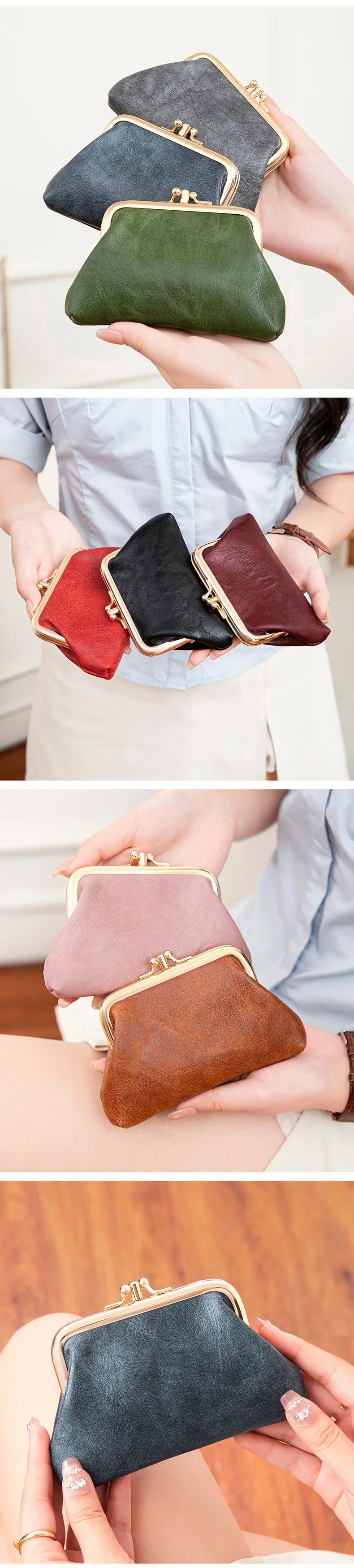 Cute Clip Lock Women's Coin Purse Retro Solid Color Bifold Kiss Lock Small Wallet Simple PU Leather Lipstick Portable Pocket Bag