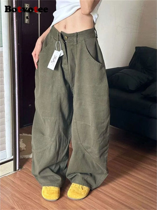Botvotee Baggye Jeans for Women Army Green High Waist Loose Vintage Y2k  Long Denim Pants Female Fashion Streetwear Washed Jeans