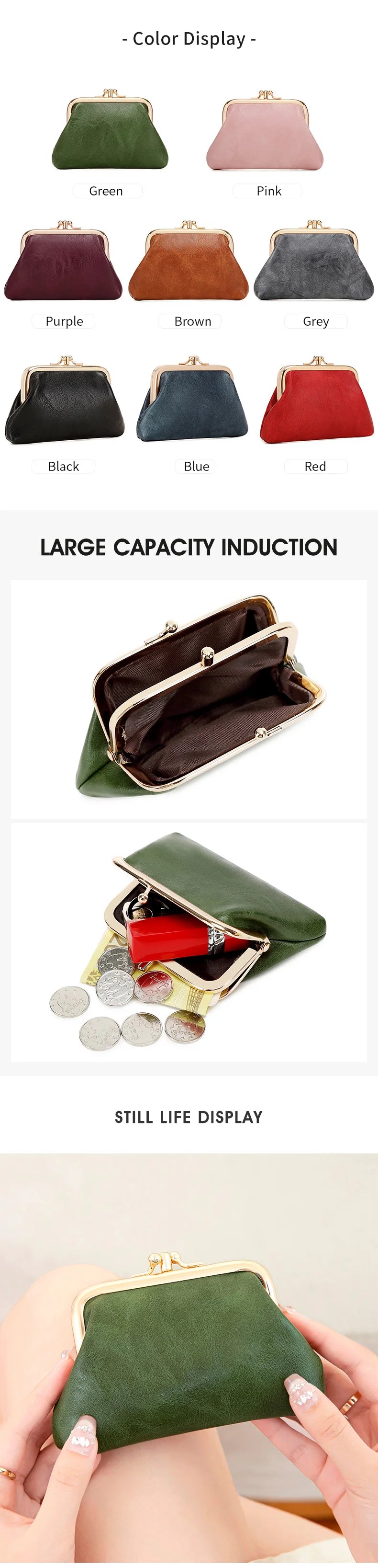 Cute Clip Lock Women's Coin Purse Retro Solid Color Bifold Kiss Lock Small Wallet Simple PU Leather Lipstick Portable Pocket Bag