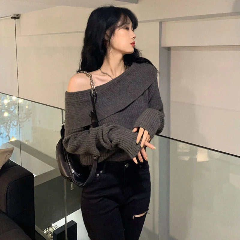 Smvp Slash Neck Knitted Sweater Women Sexy Off Shoulder Long Sleeve Pullovers Female Korean Elegant Thicken Slim Jumpers Top