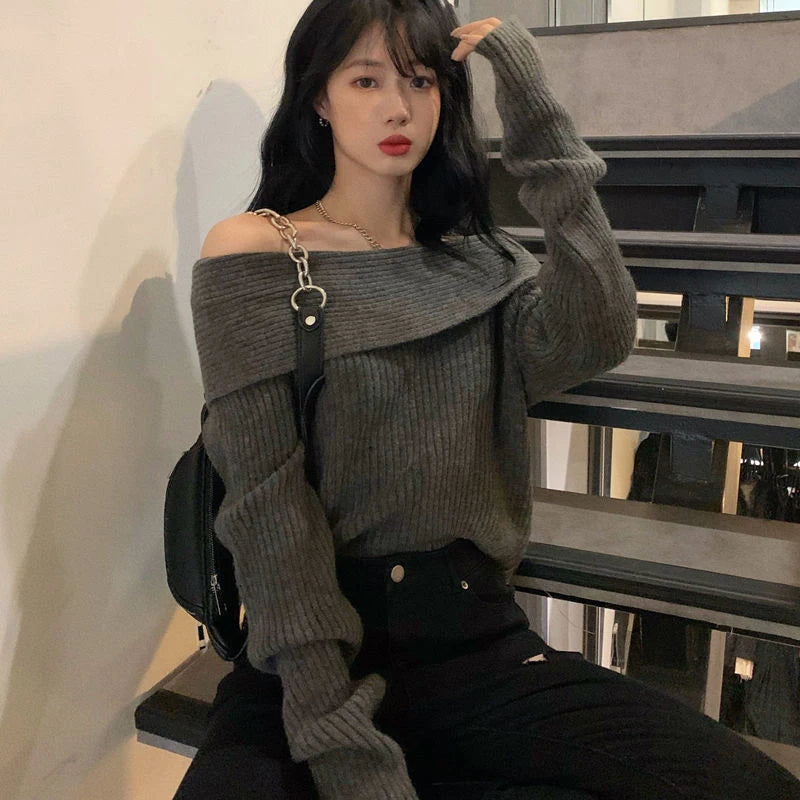 Smvp Slash Neck Knitted Sweater Women Sexy Off Shoulder Long Sleeve Pullovers Female Korean Elegant Thicken Slim Jumpers Top