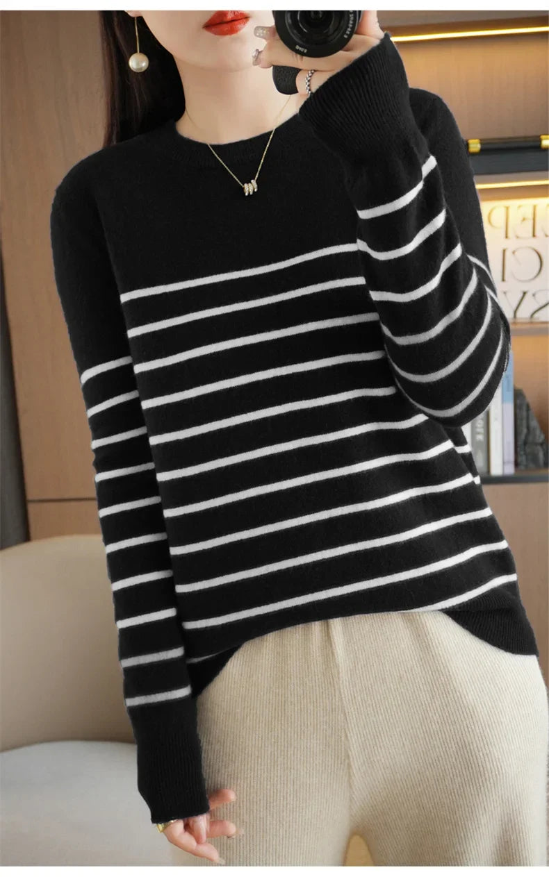 Women's Korean Version Spring Sweater With Dual Color Striped long Sleeved Round Neck New Pullover Sweater Made 100% Cotton  SMY