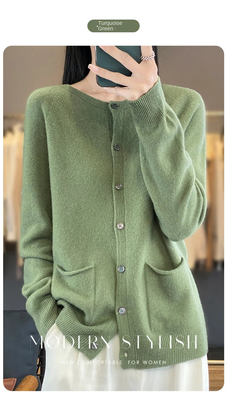 Women's Round Neck Knitted Solid Color Double Pocket Sweater For Autumn And Winter Warm And Loose Knit Cardigan Soft Wool Top ZD