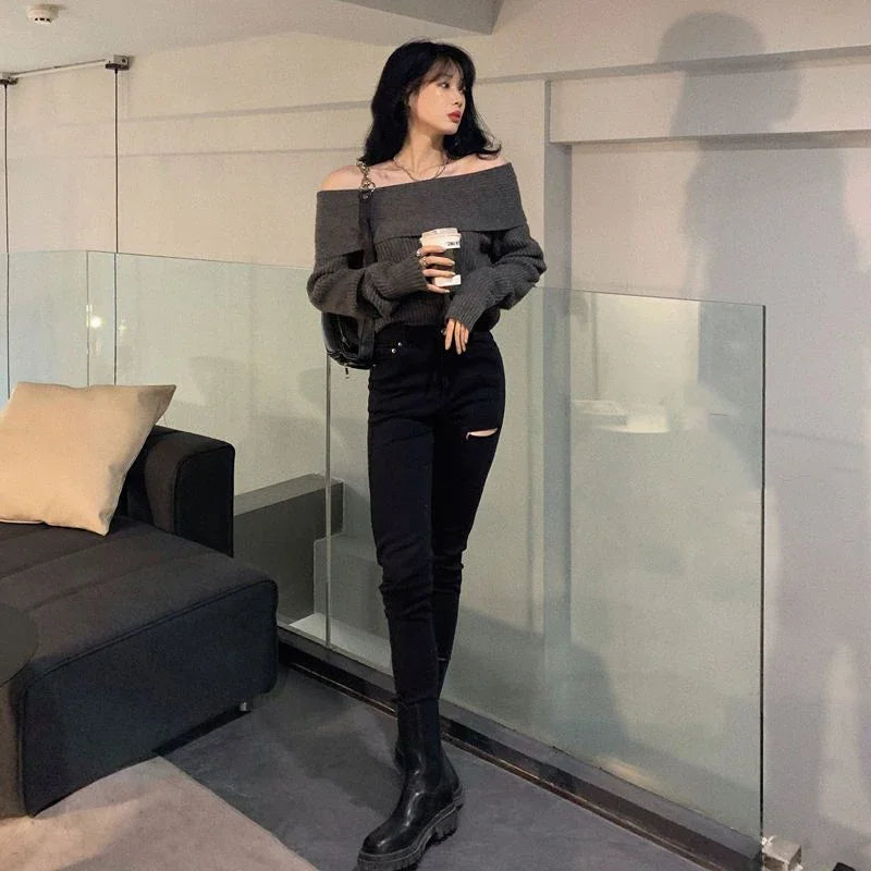 Smvp Slash Neck Knitted Sweater Women Sexy Off Shoulder Long Sleeve Pullovers Female Korean Elegant Thicken Slim Jumpers Top