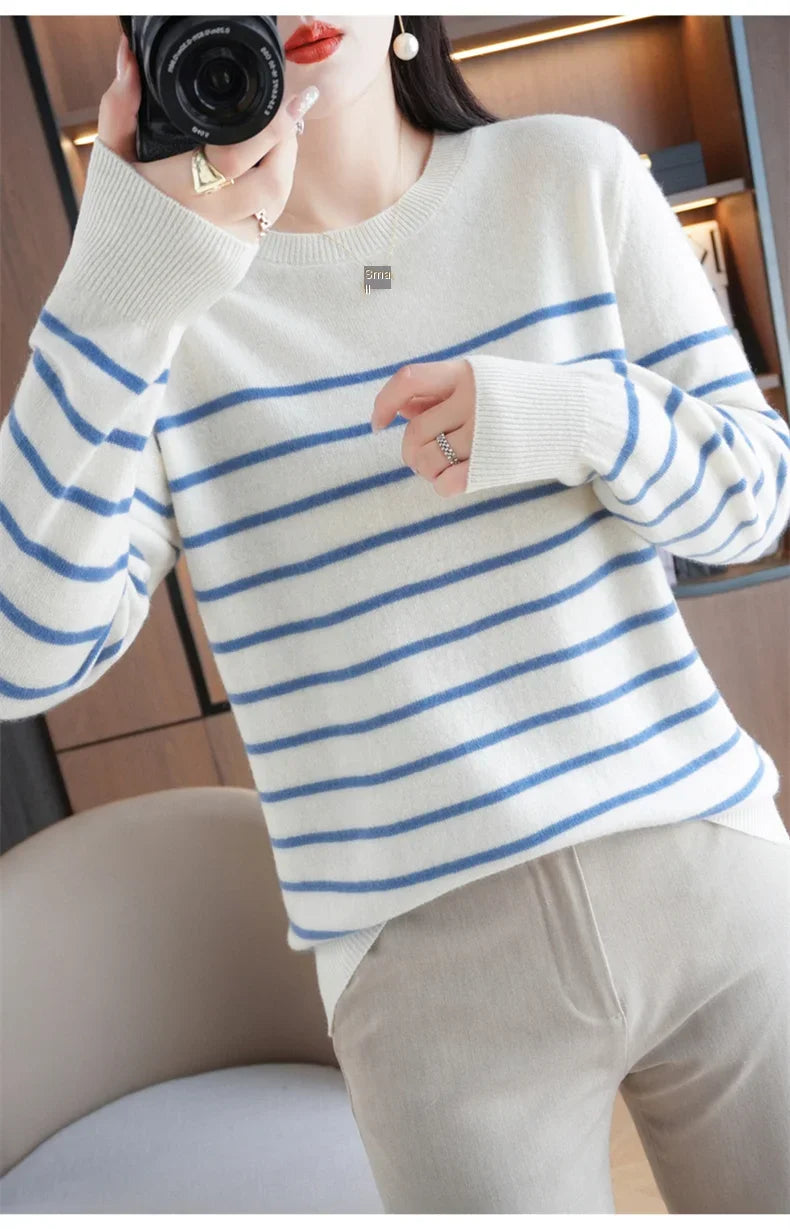 Women's Korean Version Spring Sweater With Dual Color Striped long Sleeved Round Neck New Pullover Sweater Made 100% Cotton  SMY