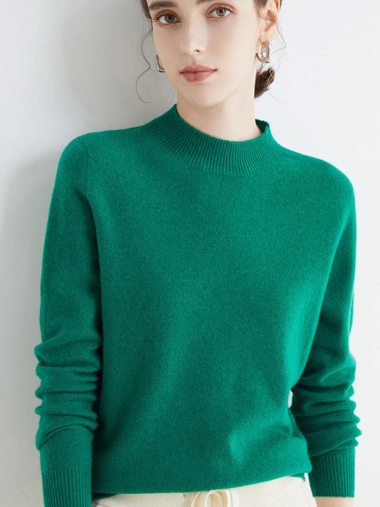 Women 100% Merino Wool Sweater For Autumn Winter  First Line Seamless Half-high Collar Pullover Basic Top OL Solid Soft Cashmere