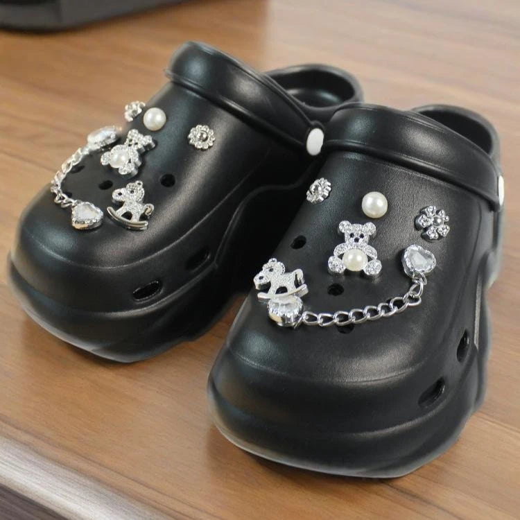 Women DIY Silver Butterfly-Knot Fashion Bow Decor Clogs Summer Sping Autumn Beach Sandals Cave Hole Garden Shoes Students Girls