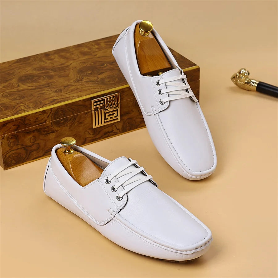 Men's Trendy Round Toe Loafer Shoes, Slip on Comfy Non Slip for Outdoor Walking Traveling Men's Soft PU Leather Lace-Up Casual
