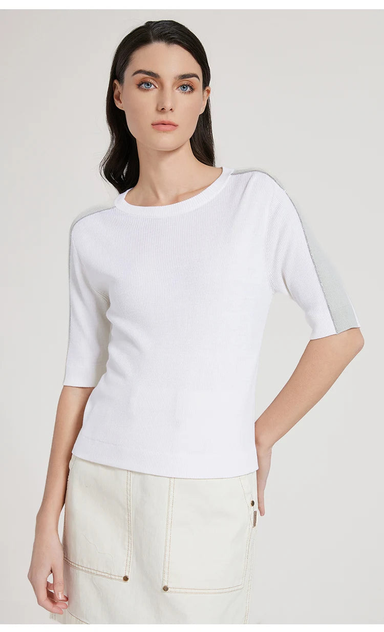 BC1042 Silk Merino Wool Blend Contrast Color Pullover Knitted Sweater for Women Luxury Summer Woolen Ladies Clothing