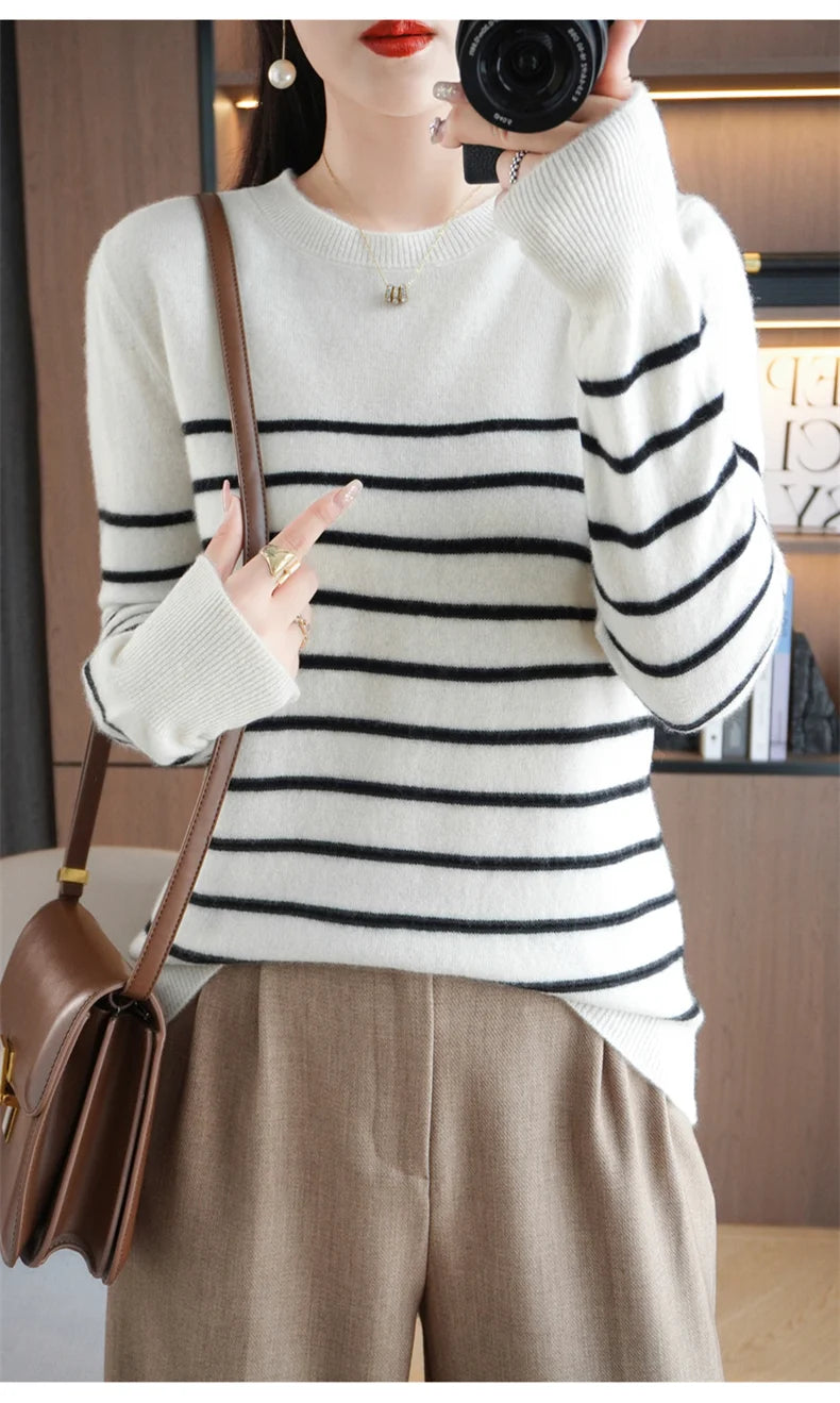 Women's Korean Version Spring Sweater With Dual Color Striped long Sleeved Round Neck New Pullover Sweater Made 100% Cotton  SMY