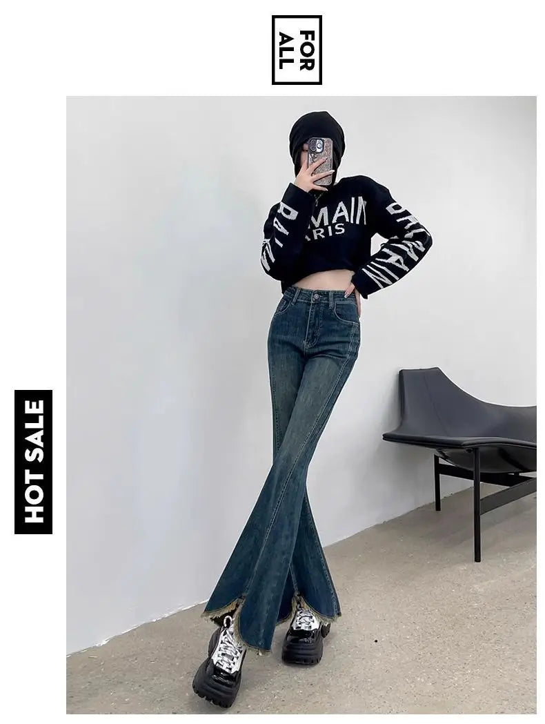 Plus-size slit elastic flared jeans for women, autumn high-waisted slimming straight wide-leg floor-length pants for plus-size