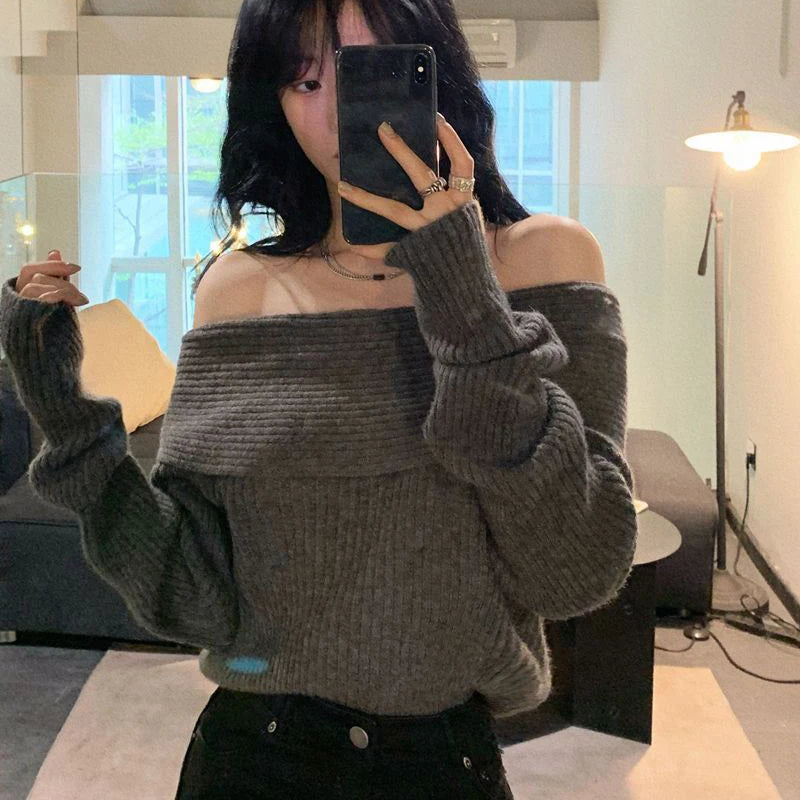 Smvp Slash Neck Knitted Sweater Women Sexy Off Shoulder Long Sleeve Pullovers Female Korean Elegant Thicken Slim Jumpers Top