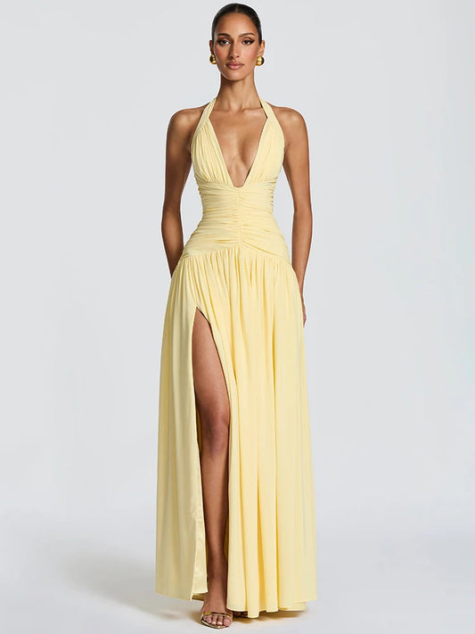 Mozision Halter Deep V Neck Sexy Maxi Dress Women Elegant Off-shoulder Sleeveless High Split Pleated Club Party Long Dress