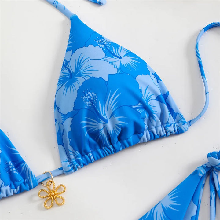 Blue Floral Print Swimwear Halter String Triangle Bikini Micro Mini Thong Sexy Swimsuit Women 2026 Bather Biquinis Bikinis Sets