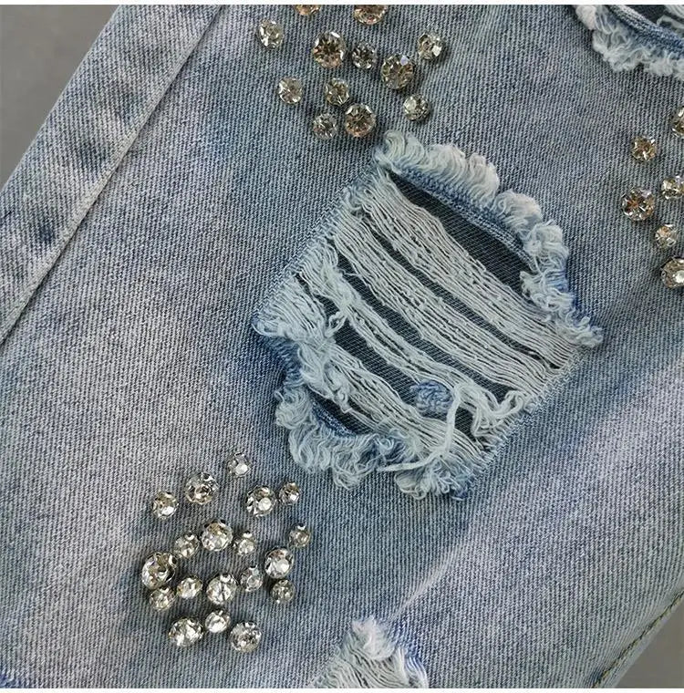 Heavy industry Diamond studded ripped Jeans Women's Street wear 2025 Summer New Loose Nine point Pants Casual Denim Trousers