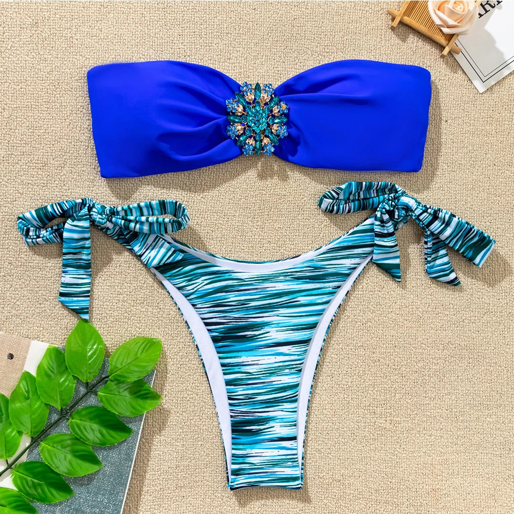 Rhinestone Flower Accessories Swimsuit Women 2026 2-piece Mini Bikini Sexy Strapless Backless Bathing Suit Summer Beach Swimwear