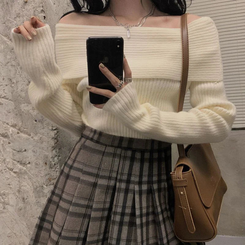 Smvp Slash Neck Knitted Sweater Women Sexy Off Shoulder Long Sleeve Pullovers Female Korean Elegant Thicken Slim Jumpers Top
