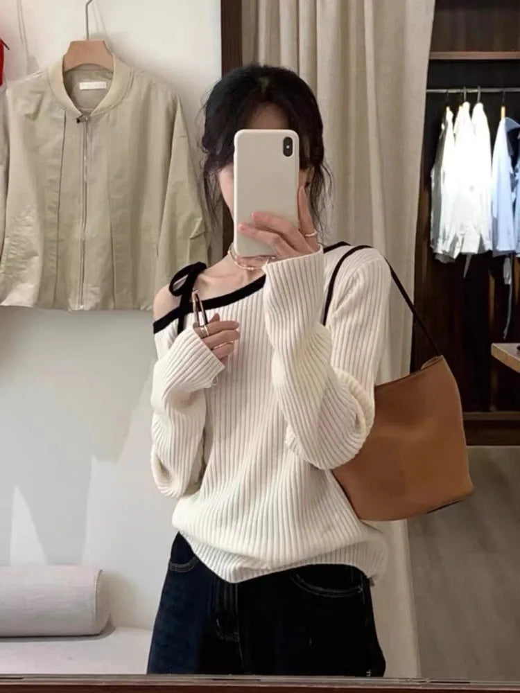 Fashion Autumn Women Knitted Top Pullover Off-shoulder Sweater Elegant Korean Style Knitwear Long Sleeve Casual Fall Clothing