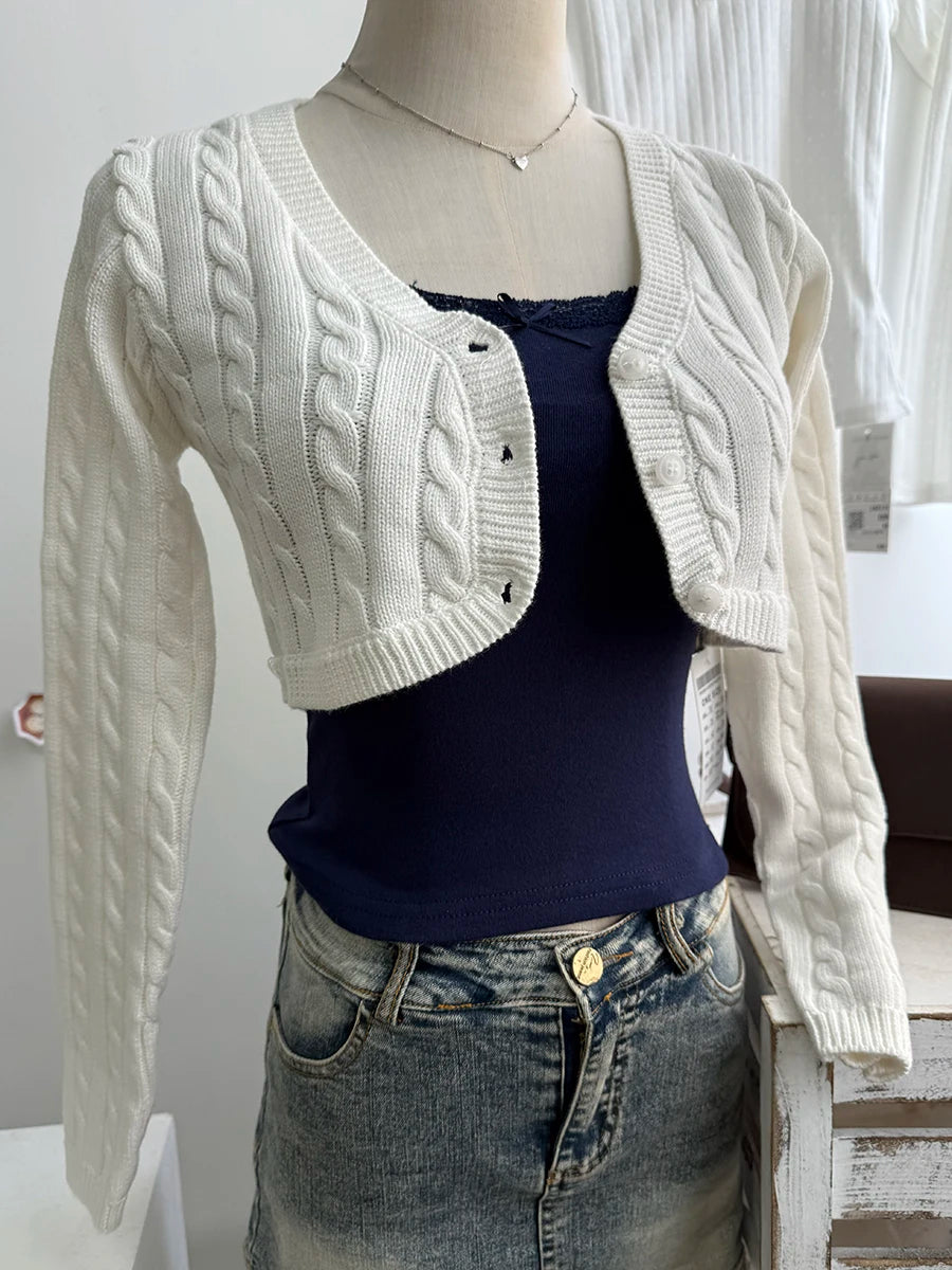 Twisted Flower Cropped Knitwear Women Cotton V-neck Single Breasted Long Sleeve Slim Crop Tops Vintage Chic Sweater Cardigan Y2K