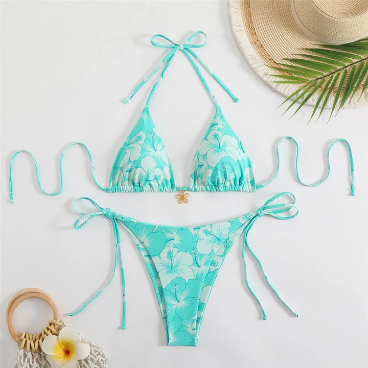 Blue Floral Print Swimwear Halter String Triangle Bikini Micro Mini Thong Sexy Swimsuit Women 2026 Bather Biquinis Bikinis Sets