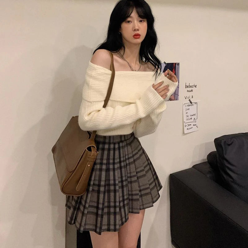 Smvp Slash Neck Knitted Sweater Women Sexy Off Shoulder Long Sleeve Pullovers Female Korean Elegant Thicken Slim Jumpers Top