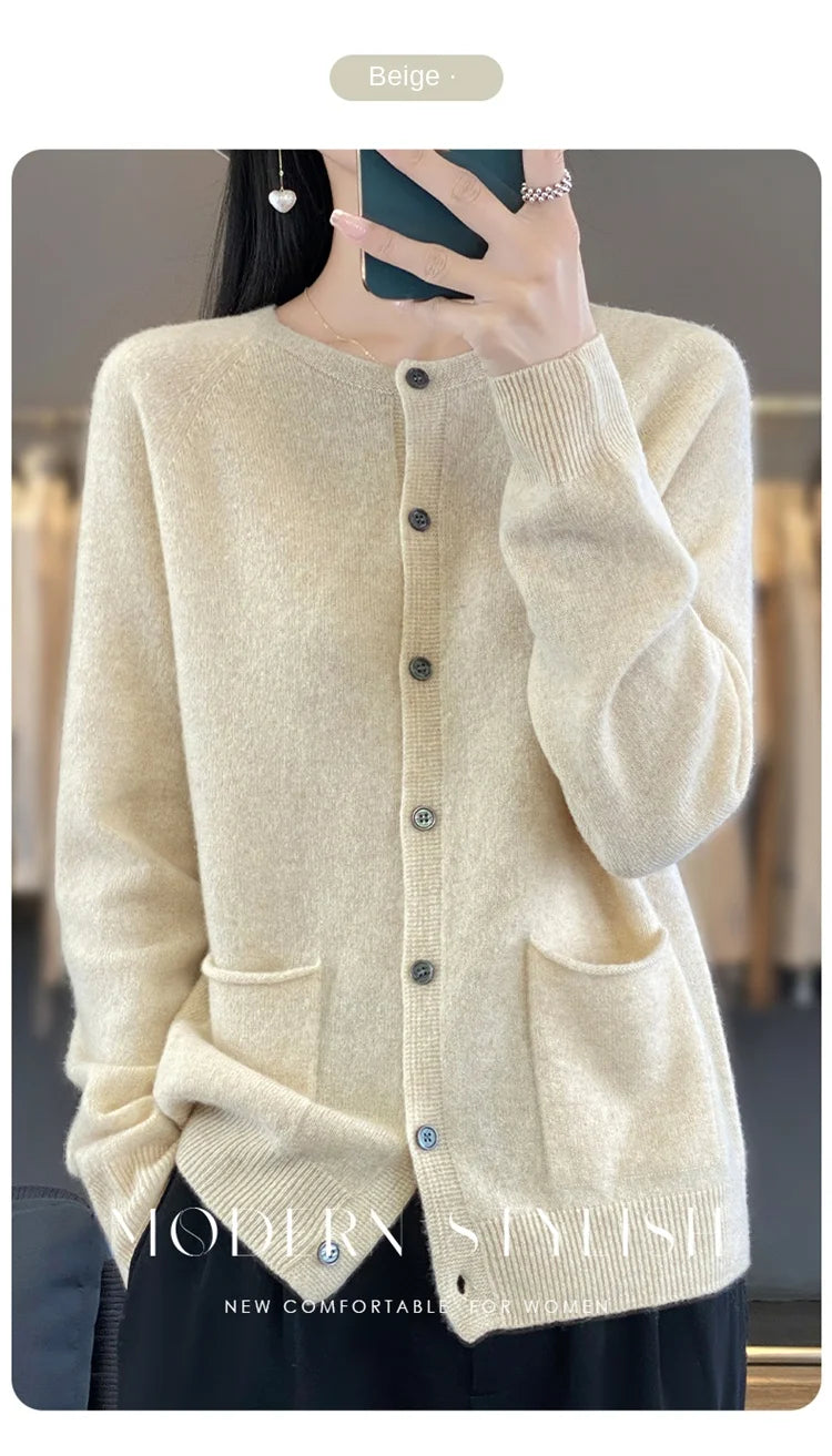 Women's Round Neck Knitted Solid Color Double Pocket Sweater For Autumn And Winter Warm And Loose Knit Cardigan Soft Wool Top ZD
