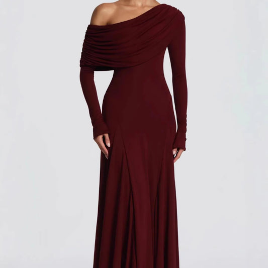 Elegant Long Sleeve Slanted Shoulder Party Club Evening Dress For Women 2025 New Dress Sexy Shrink Fold Winter Vestidos