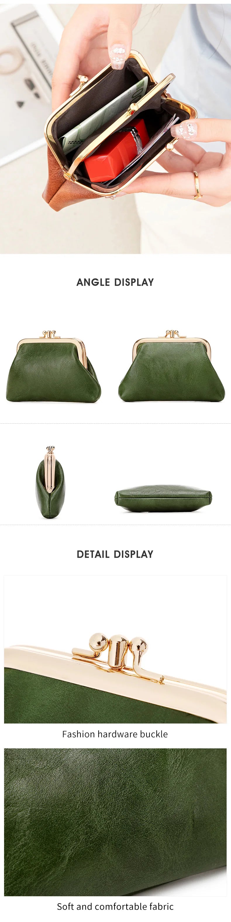Cute Clip Lock Women's Coin Purse Retro Solid Color Bifold Kiss Lock Small Wallet Simple PU Leather Lipstick Portable Pocket Bag