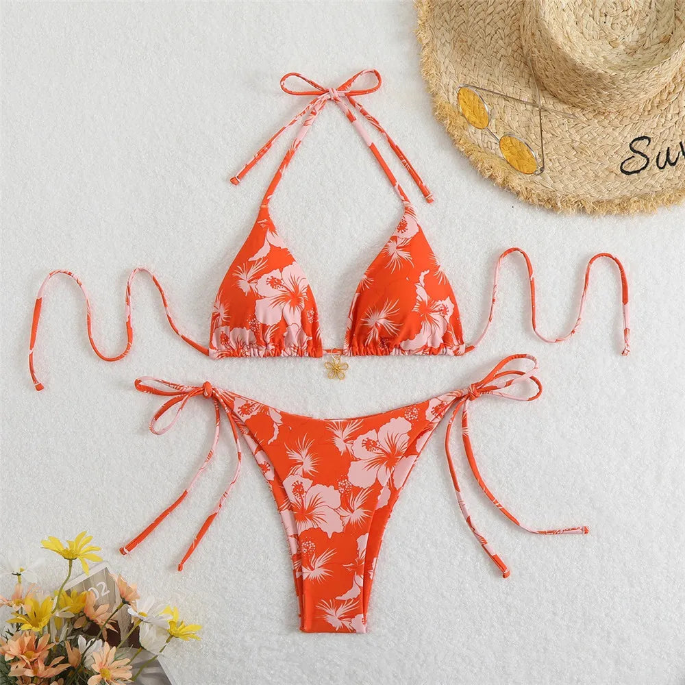 Blue Floral Print Swimwear Halter String Triangle Bikini Micro Mini Thong Sexy Swimsuit Women 2026 Bather Biquinis Bikinis Sets