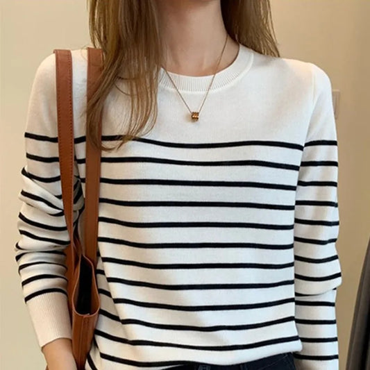 Women's Korean Version Spring Sweater With Dual Color Striped long Sleeved Round Neck New Pullover Sweater Made 100% Cotton  SMY