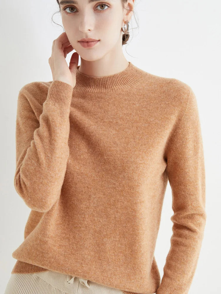 Women 100% Merino Wool Sweater For Autumn Winter  First Line Seamless Half-high Collar Pullover Basic Top OL Solid Soft Cashmere