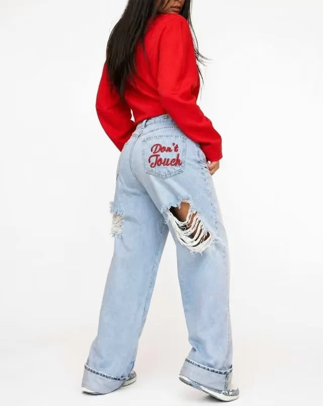 New retro embroidered letter jeans for women high waisted straight leg classic hip-hop comfortable stretch denim pants