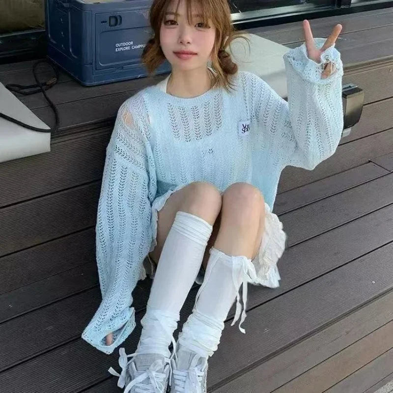 Korean Hollow Out Woman Tshirts  Long Sleeve O-neck Knitted T-shirt For Women Casual Fashion Summer sun protection clothing