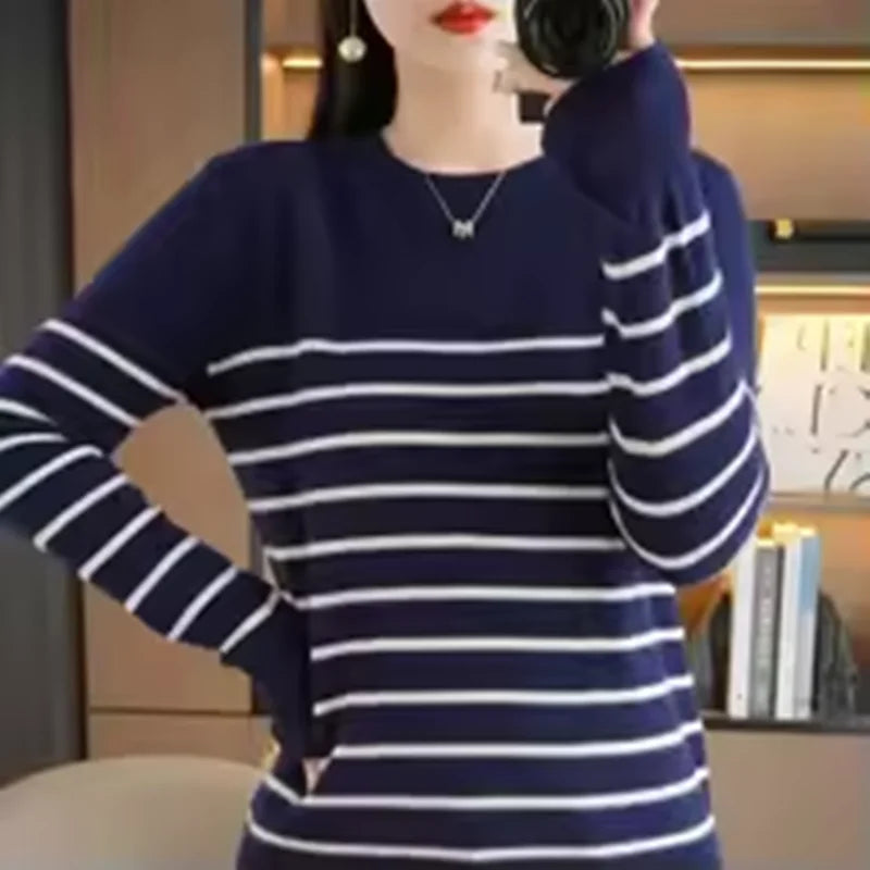 Women's Korean Version Spring Sweater With Dual Color Striped long Sleeved Round Neck New Pullover Sweater Made 100% Cotton  SMY
