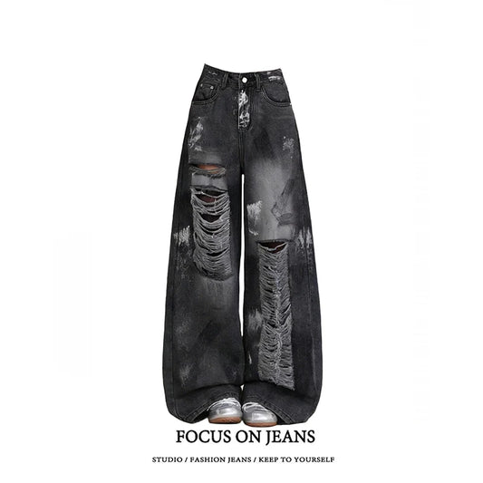 ZHIZOU Summer Women Jean Baggy Wide Fit Ripped Denim Pants Grunge Punk Y2K Hole Japanese Harajuku 2000s American Retro Boyfriend