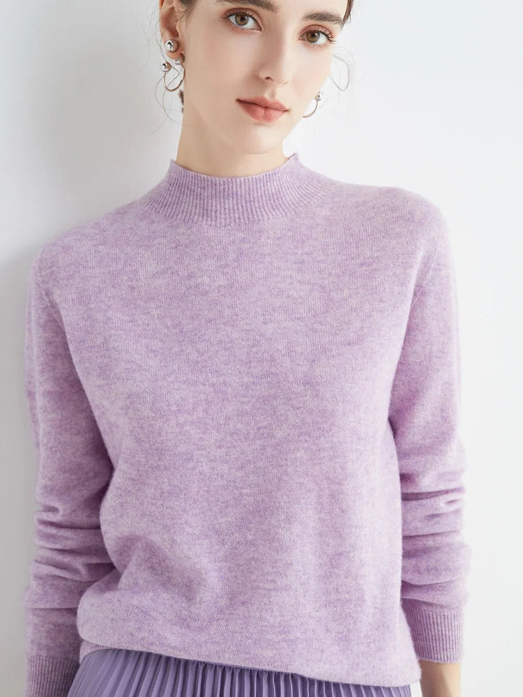 Women 100% Merino Wool Sweater For Autumn Winter  First Line Seamless Half-high Collar Pullover Basic Top OL Solid Soft Cashmere