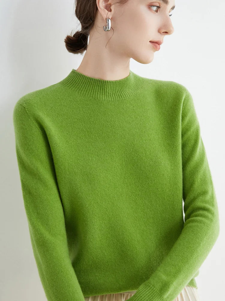 Women 100% Merino Wool Sweater For Autumn Winter  First Line Seamless Half-high Collar Pullover Basic Top OL Solid Soft Cashmere