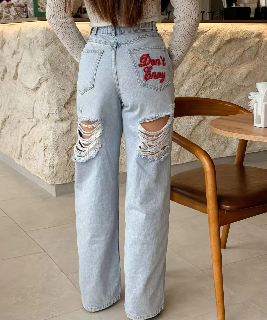 New retro embroidered letter jeans for women high waisted straight leg classic hip-hop comfortable stretch denim pants