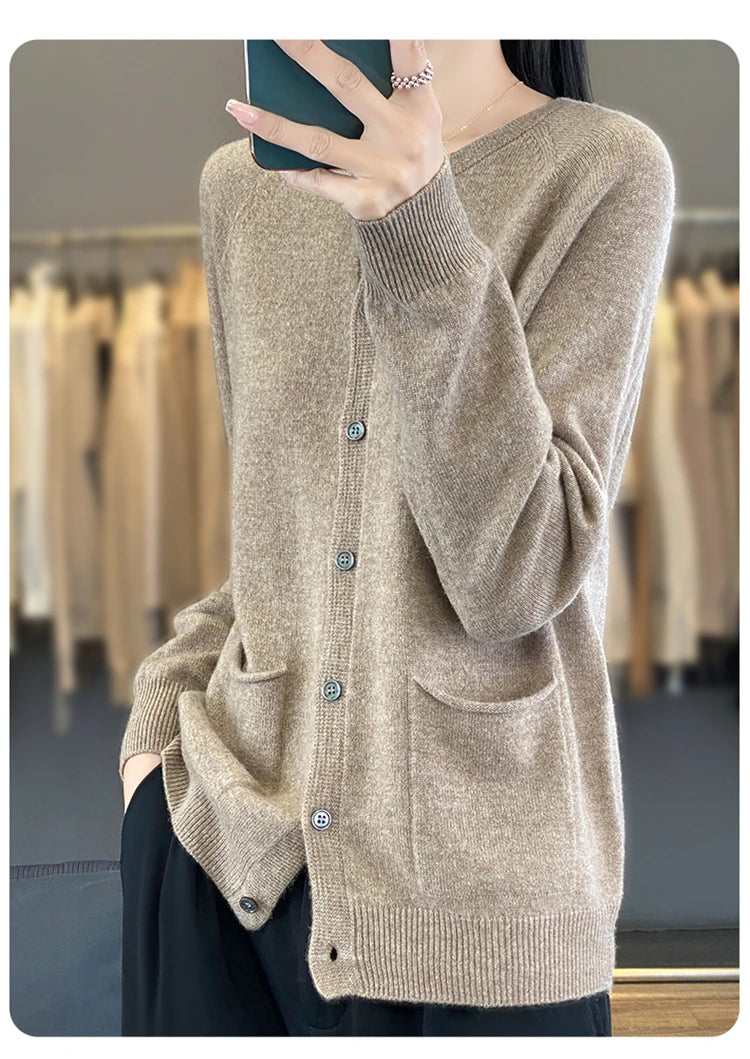 Women's Round Neck Knitted Solid Color Double Pocket Sweater For Autumn And Winter Warm And Loose Knit Cardigan Soft Wool Top ZD