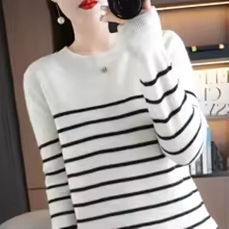 Women's Korean Version Spring Sweater With Dual Color Striped long Sleeved Round Neck New Pullover Sweater Made 100% Cotton  SMY